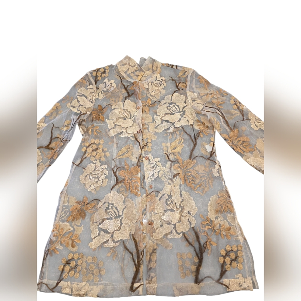 100% Silk Connie Roberson  Sheer Floral Blouse XL Gold Embroidered Button Front